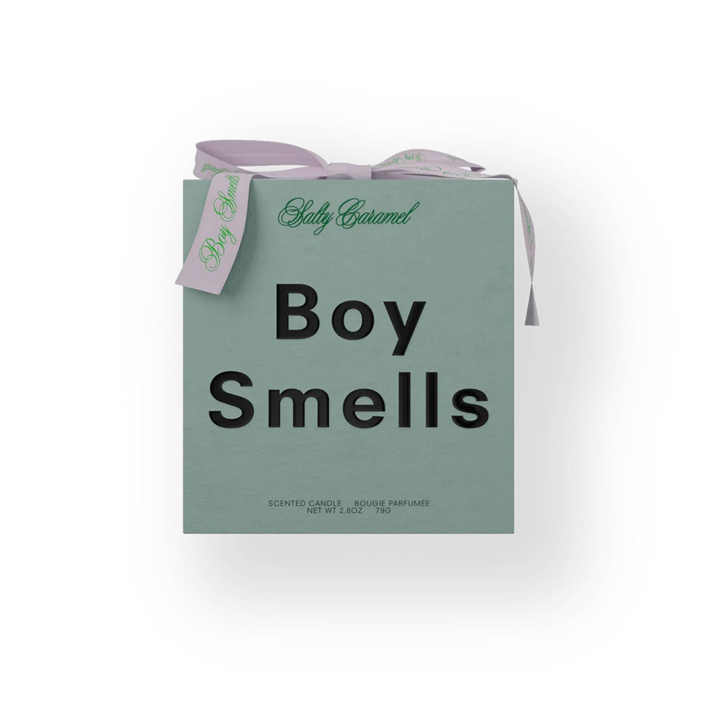Boy Smells holiday Salty Caramel candle in green box with lilac ribbon.