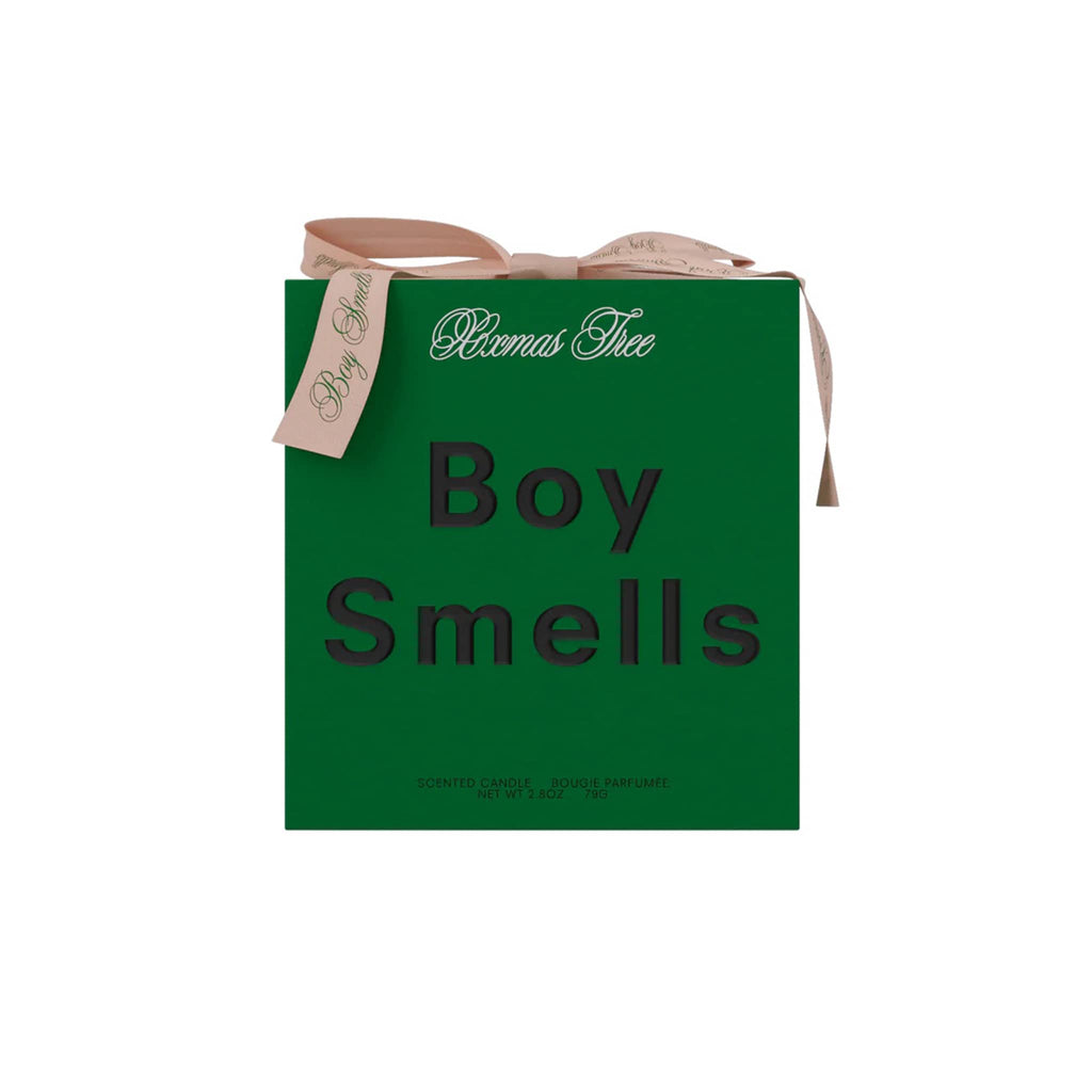 Boy Smells holiday Xxmas Tree candle in green box with dusty pink bow.