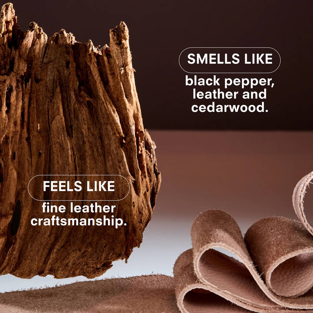 Close-up of leather material with text describing its scent and texture.