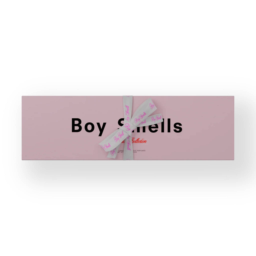 Pink box with a bow labeled 'Boy Smells' on a white background.