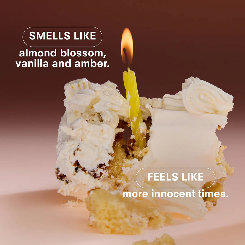 Candle in a cake with descriptive text on a brown background.