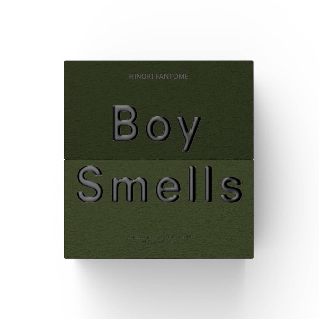 Boy Smells Hinoki Fantome scented 9 ounce Classics candle in two-tone dark green box, front view.