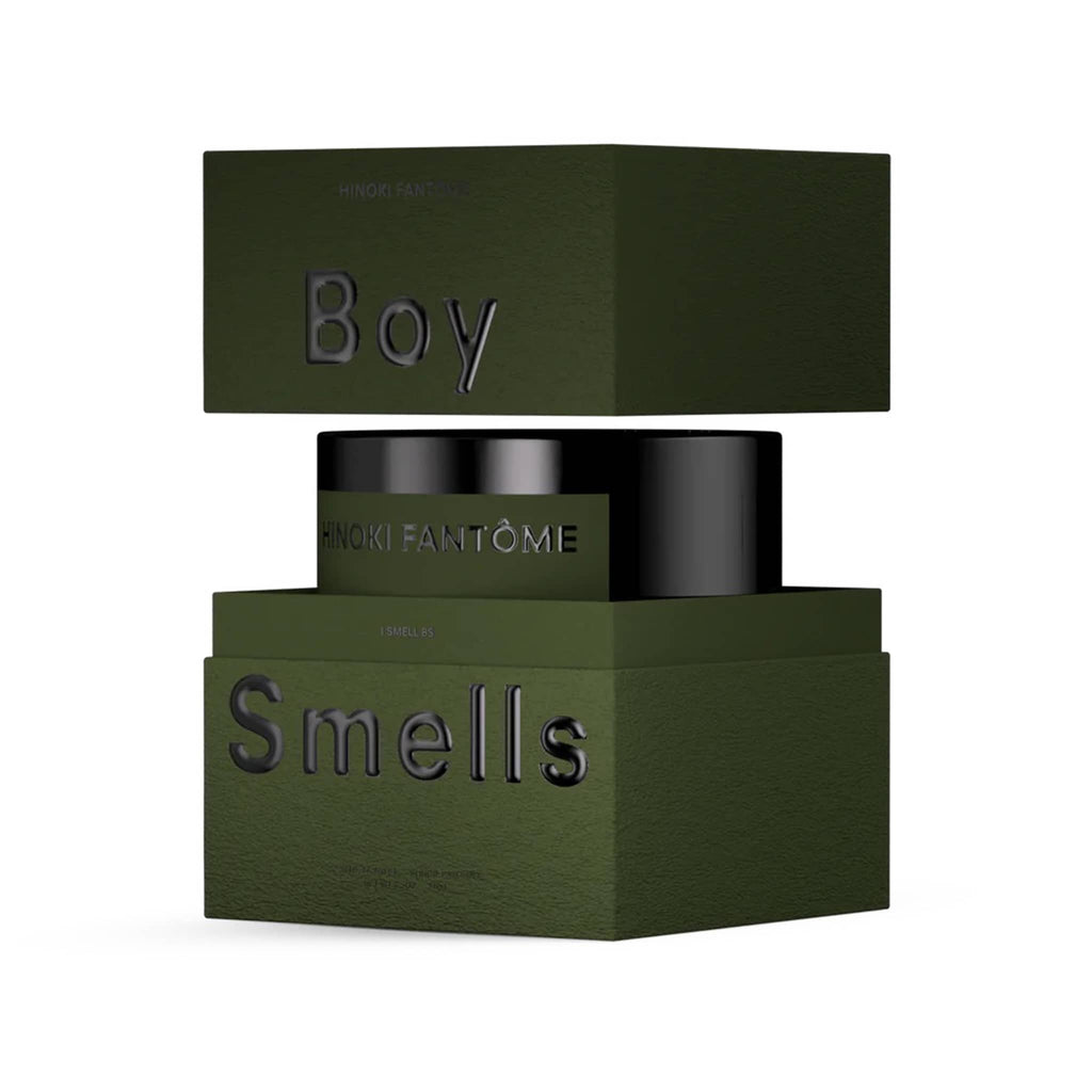 Boy Smells Hinoki Fantome scented 9 ounce Classics candle in black glass vessel with dark green label, in open box.