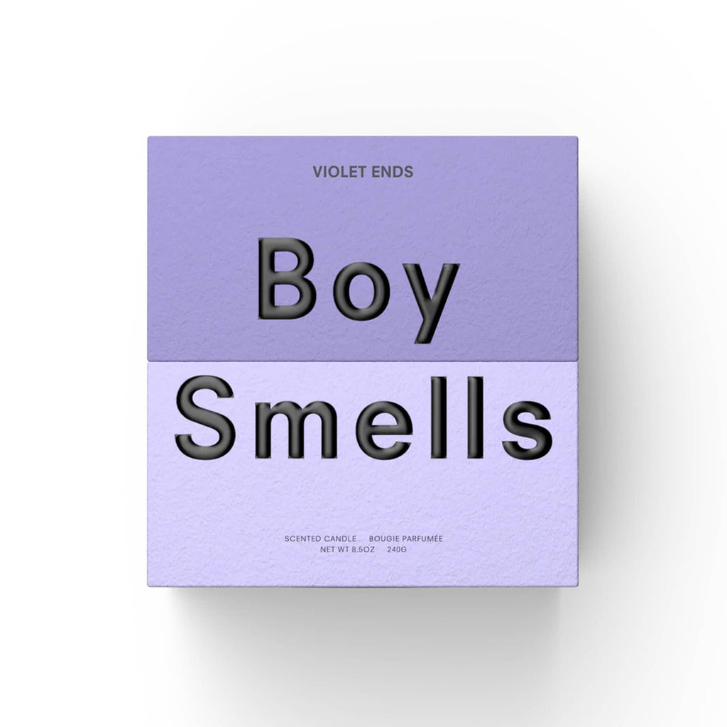 Boy Smells Violet Ends scented 9 ounce Classics candle in two-tone violet box, front view.