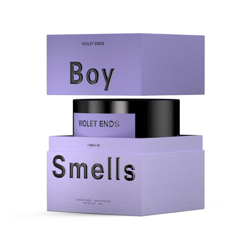 Boy Smells Violet Ends scented 9 ounce Classics candle in black glass vessel with dark violet label, in open box.
