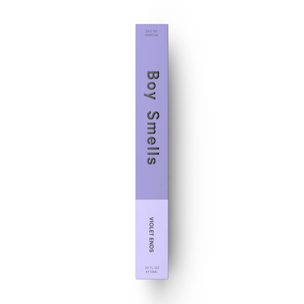 Boy Smells Violet Ends scented eau de parfum 10ml travel spray bottle, in two-tone violet box, front view.