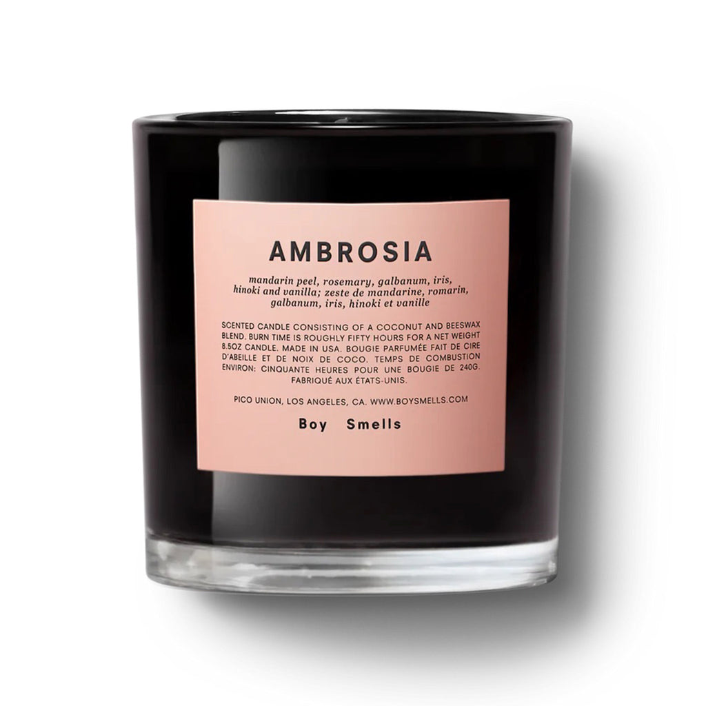 Boy Smells Ambrosia scented candle in glossy black glass tumbler with dusty pink label.
