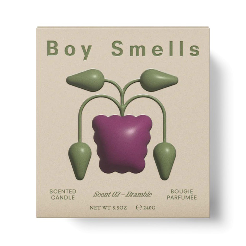 Boy Smells Farm to Candle 2.0 Collection Bramble scented coconut and beeswax blend candle in sage green box packaging with embossed berry-inspired illustration.