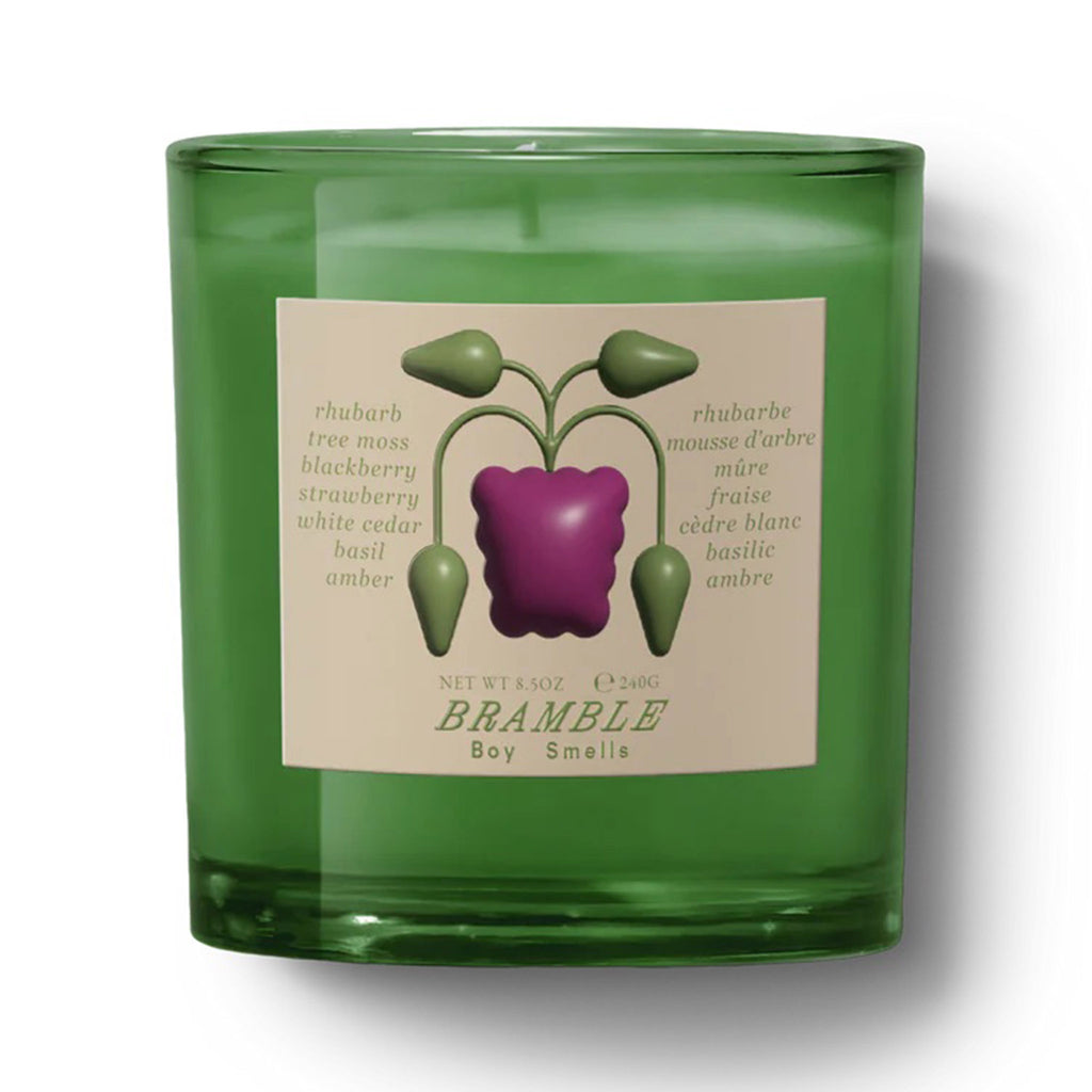 Boy Smells Farm to Candle 2.0 Collection Bramble scented coconut and beeswax blend candle in green glass tumbler with sage green illustrated label.