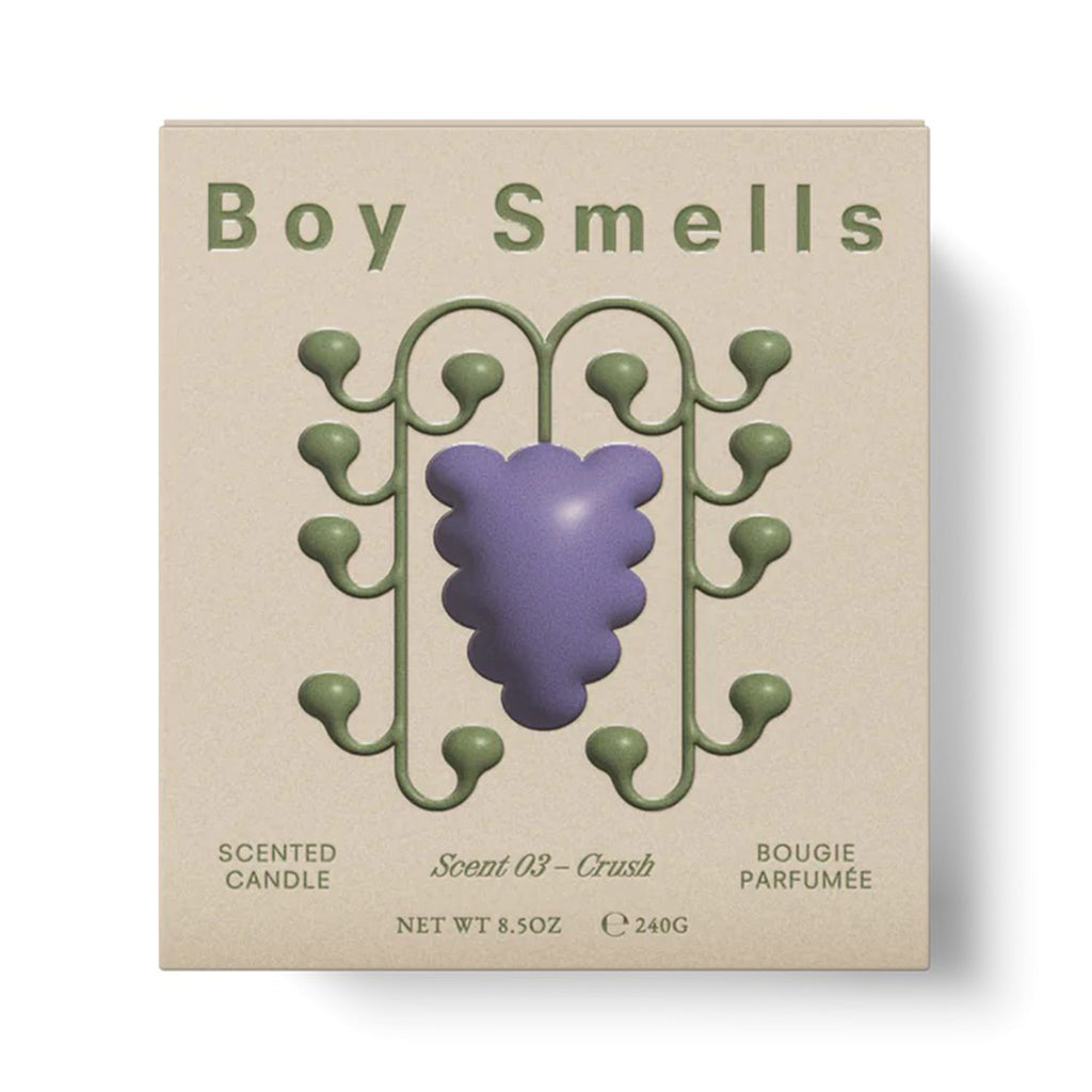 Boy Smells Farm to Candle 2.0 Collection Crush scented coconut and beeswax blend candle in sage green box packaging with embossed grape-inspired illustration.