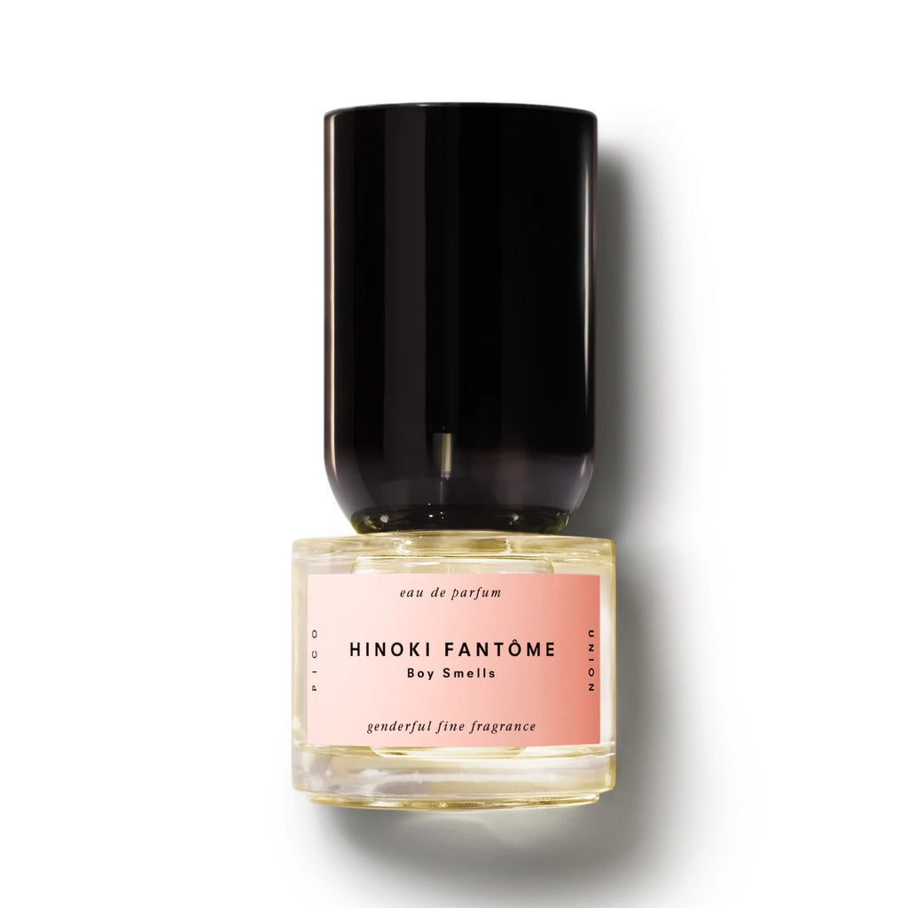 Boy Smells Hinoki Fantome Eau de Parfum in bottle with pink label and shaped black cap.