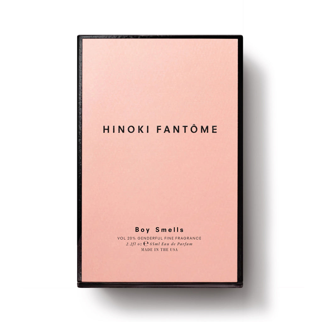Boy Smells Hinoki Fantome Eau de Parfum in pink box packaging with black trim and text.