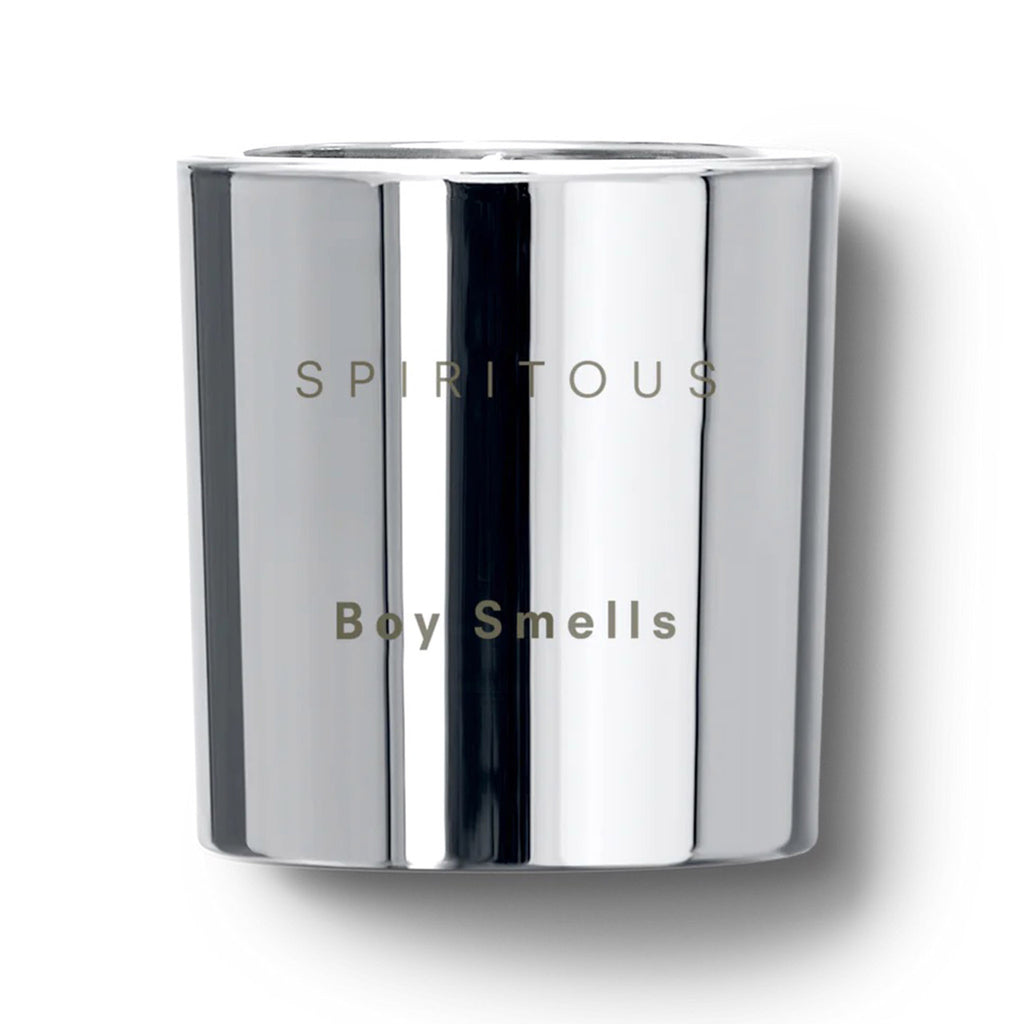 Boy Smells 2023 Limited Edition Holiday Spiritous scented coconut beeswax blend candle in metallic silver glass tumbler with "spiritous" and "boy smells" engraved on the front.