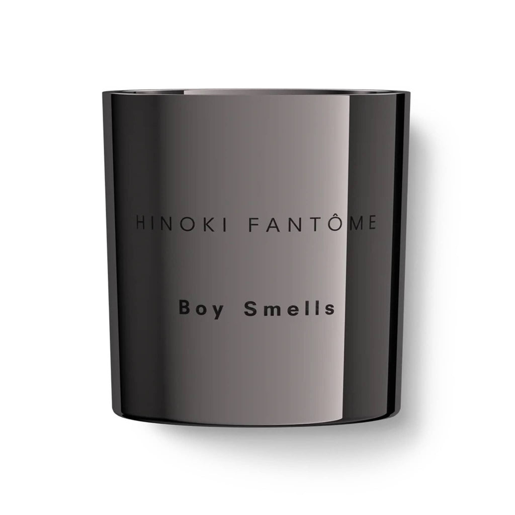 Boy Smells 2024 Limited Edition Holiday Hinoki Fantome scented coconut beeswax blend candle in metallic dark silver glass tumbler with "hinoki fantome" and "boy smells" engraved on the front.