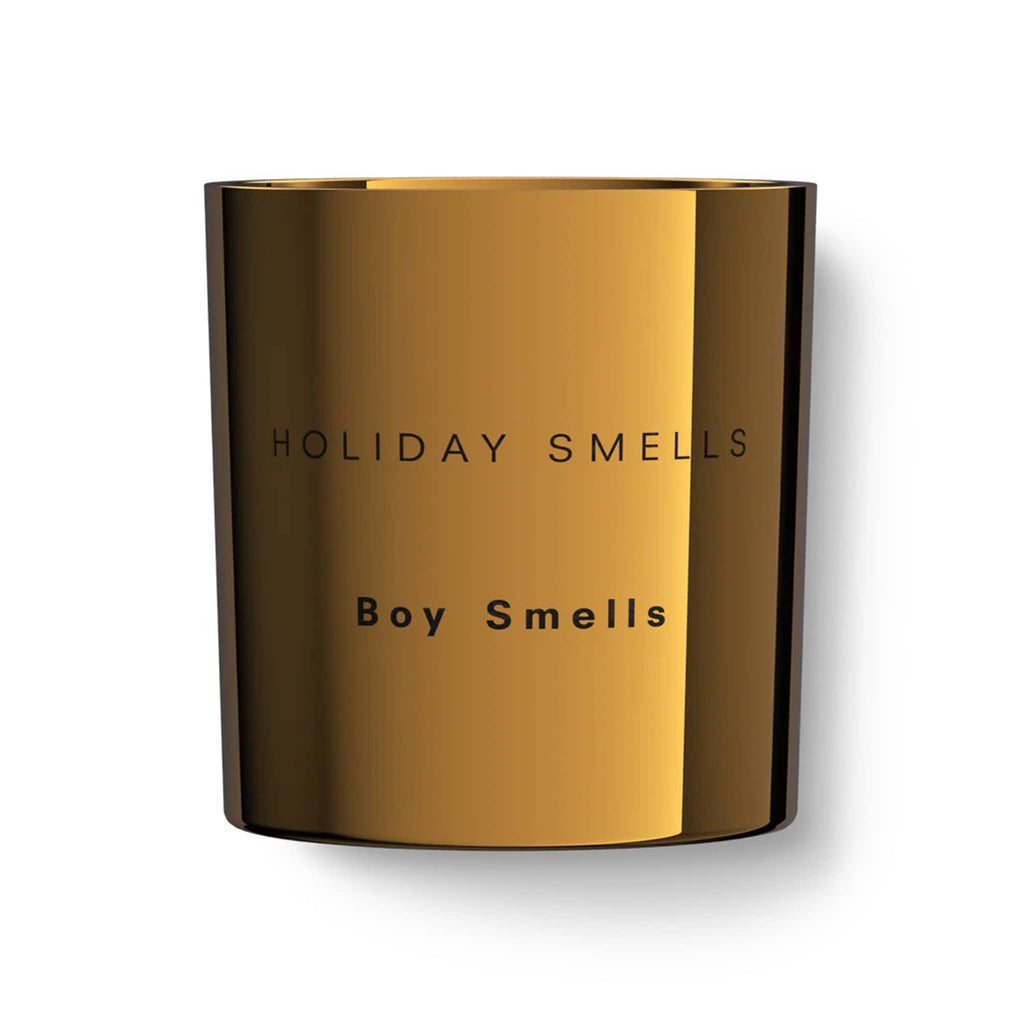 Boy Smells 2024 Limited Edition Holiday Smells scented coconut beeswax blend candle in metallic bronze glass tumbler with "holiday smells" and "boy smells" engraved on the front.