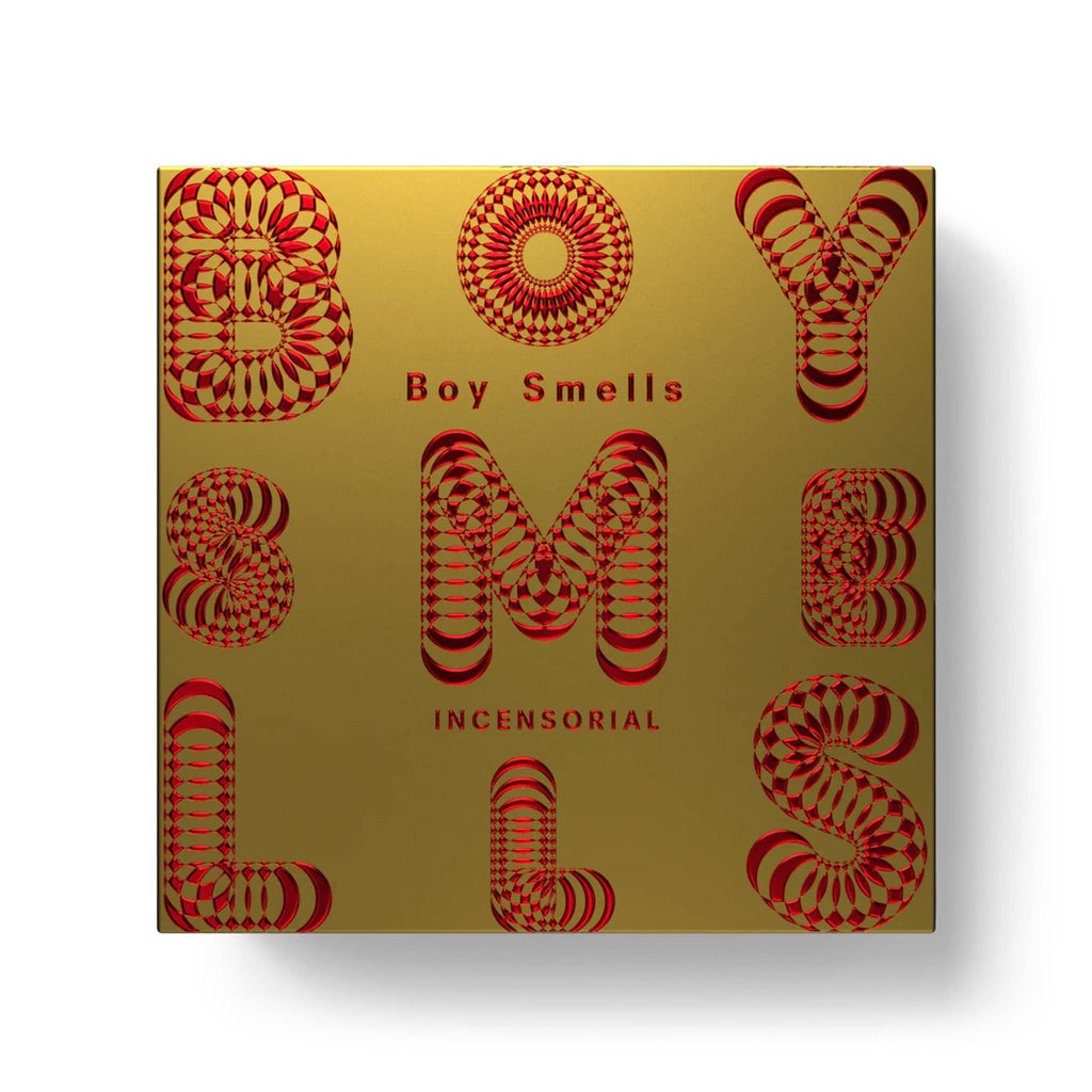 Boy Smells 2024 Limited Edition Holiday Incensorial scented coconut beeswax blend magnum 3-wick candle in metallic gold gift box with red foil lettering.