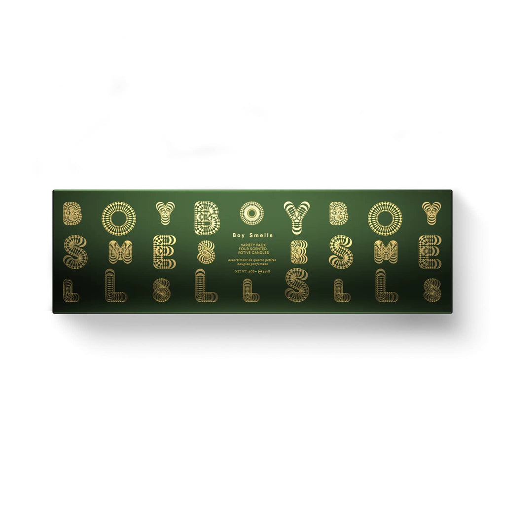 Boy Smells 2024 Limited Edition Holiday Votive Set of four, in dark green gift box with gold foil lettering.