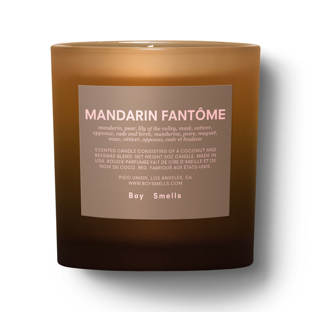 Boy Smells Mandarin Fantome scented coconut and beeswax blend candle in ombre matte orange glass tumbler with label.