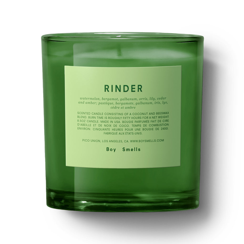 Boy Smells Rinder scented candle from the Farm to Candle Collection in a painted green glass tumbler with green label.