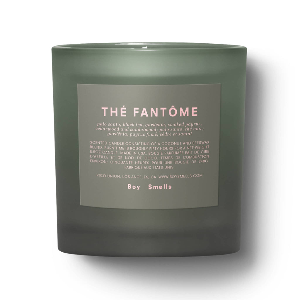 Boy Smells The Fantome scented coconut beeswax blend candle in dark green ombre matte glass tumbler.