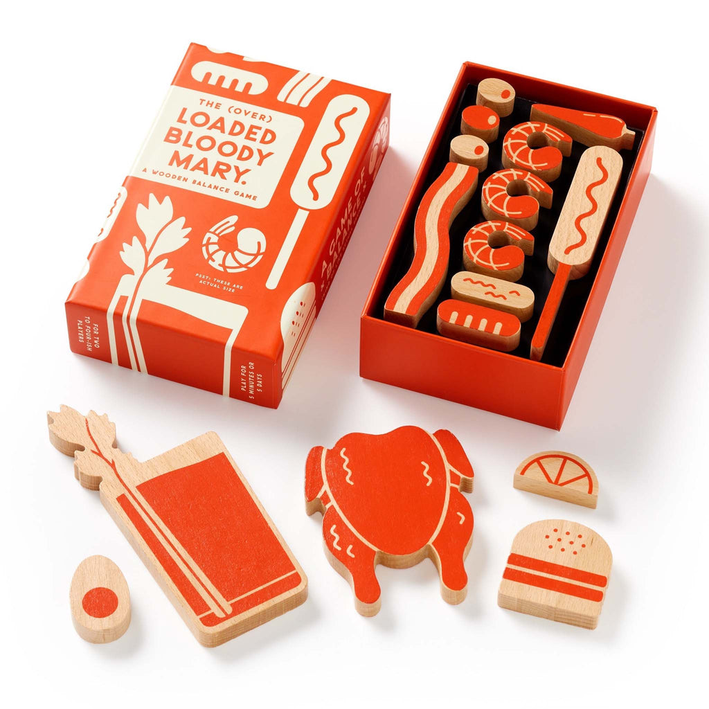 Brass Monkey Goods The (Over) Loaded Bloody Mary wooden balance stacking game in box packaging, lid off with contents inside.