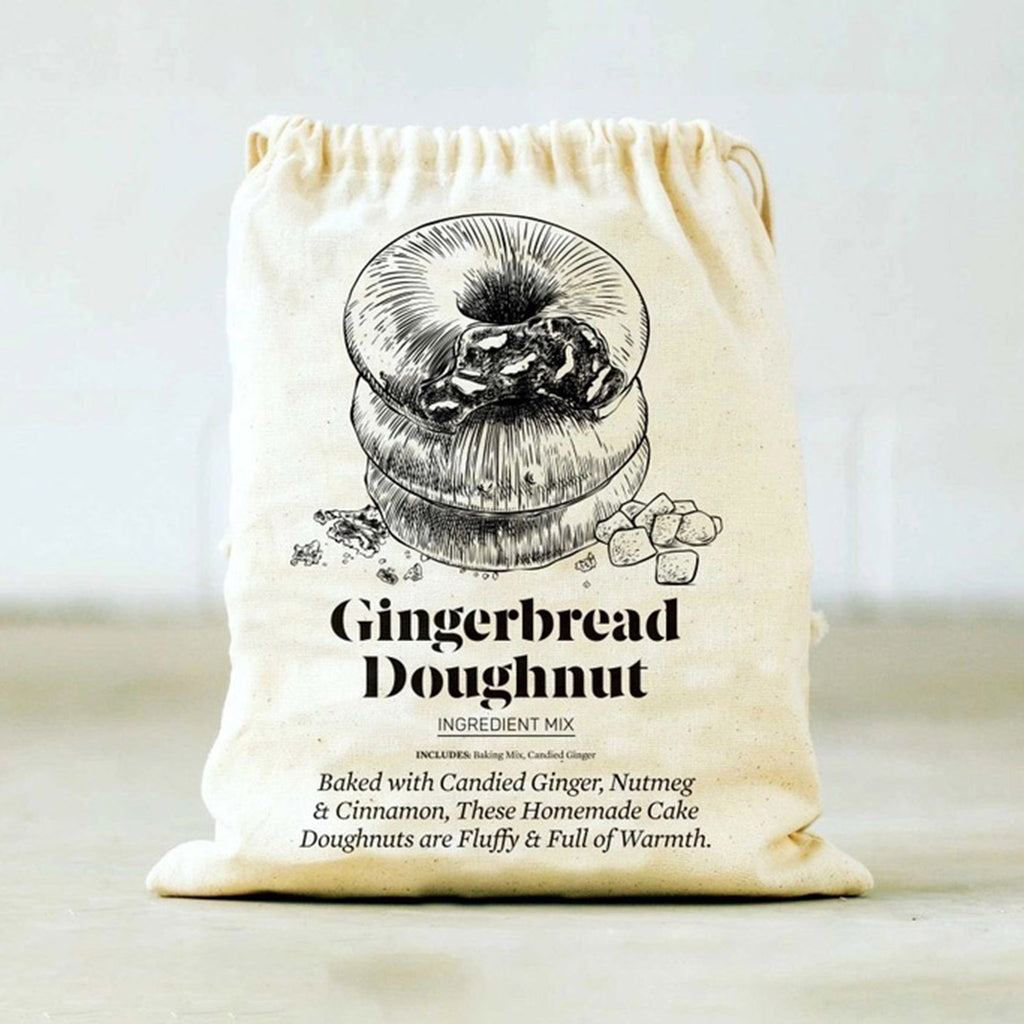 Brooklyn Brewshop Farm Steady Holiday Limited Edition Gingerbread Doughnut Baking Mix in drawstring pouch packaging.