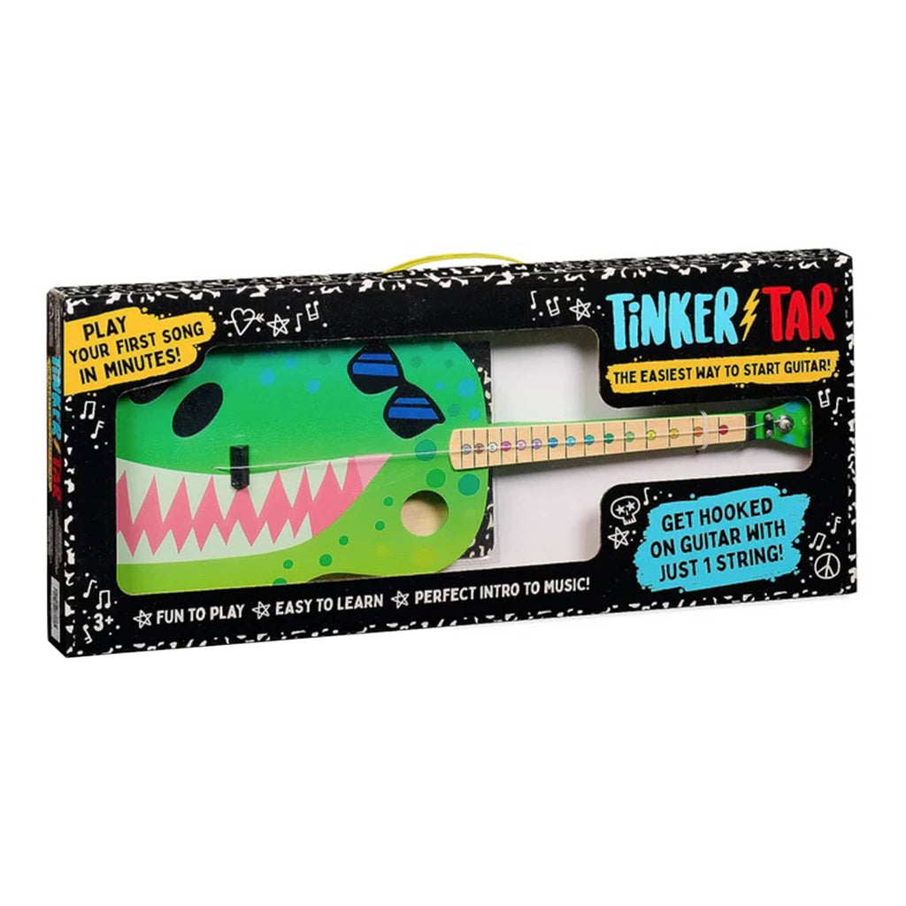 Buffalo Games TinkerTar Dinosaur one string acoustic guitar for beginners in box, front angle.