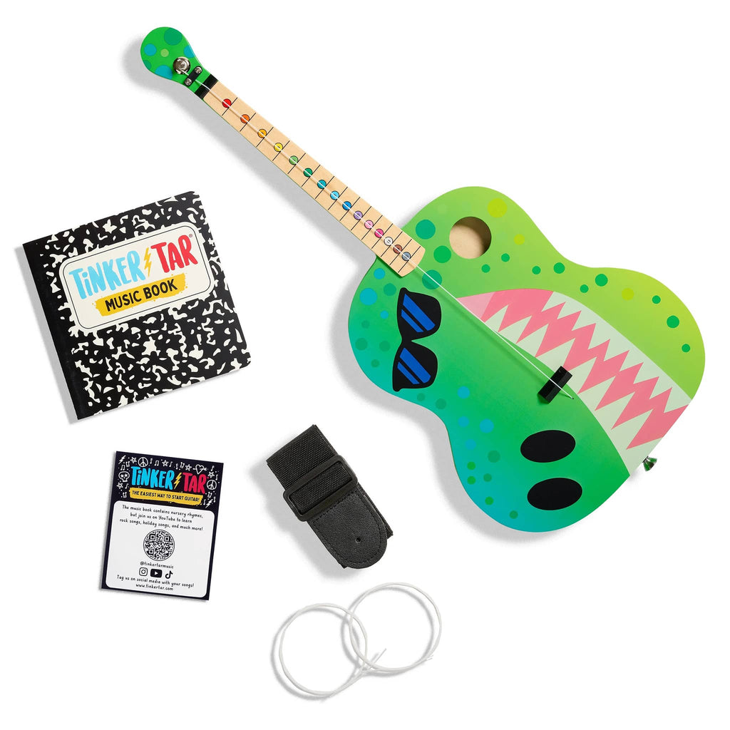 Buffalo Games TinkerTar Dinosaur one string acoustic guitar for beginners with accessories it comes with.