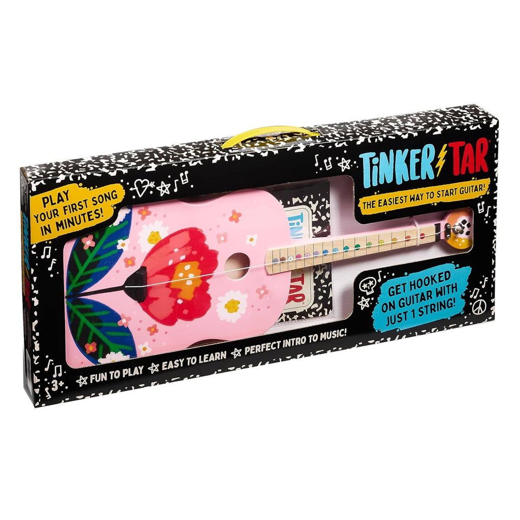 Buffalo Games TinkerTar pink floral one string acoustic guitar for beginners in box, front angle.