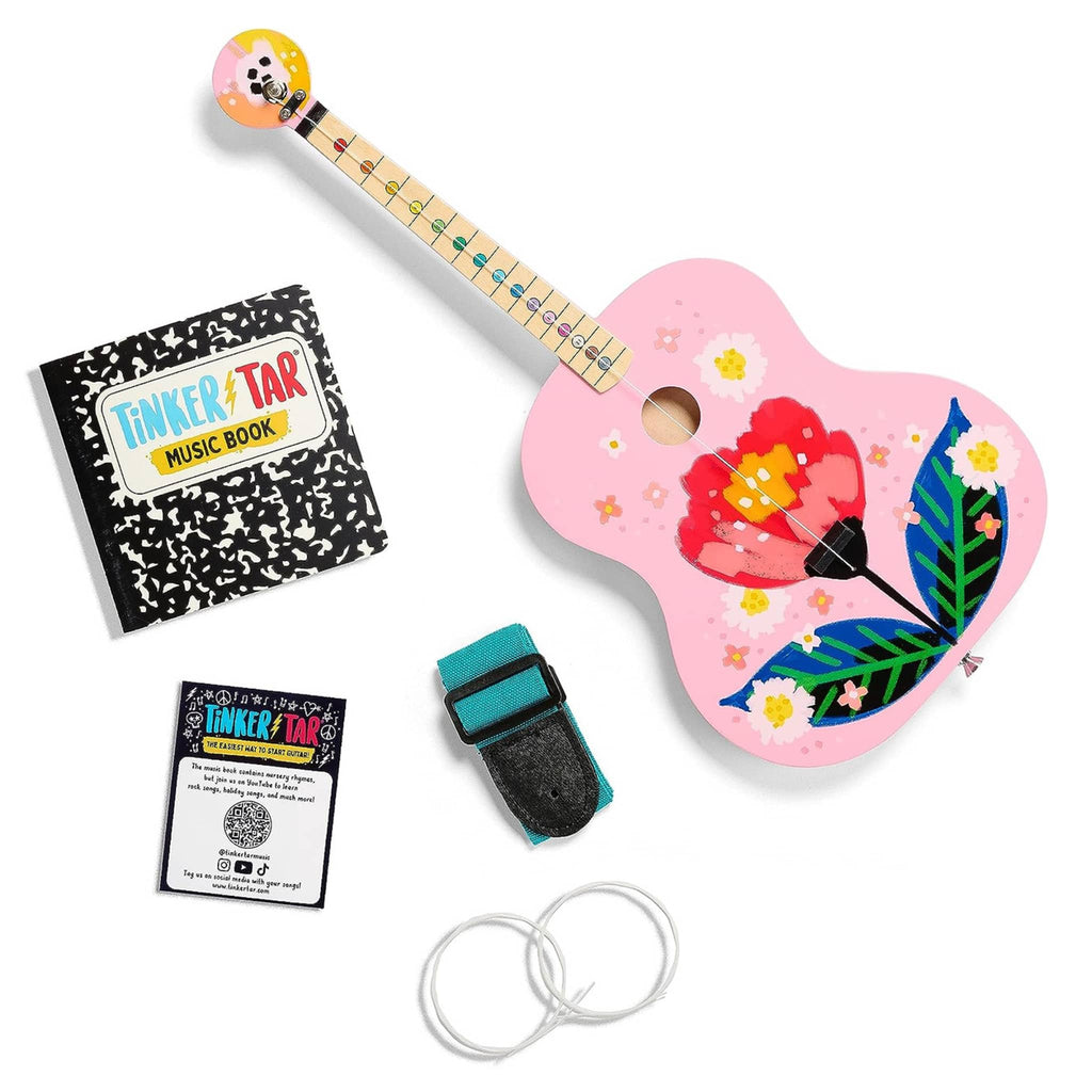 Buffalo Games TinkerTar pink floral one string acoustic guitar for beginners, with accessories that come with it.