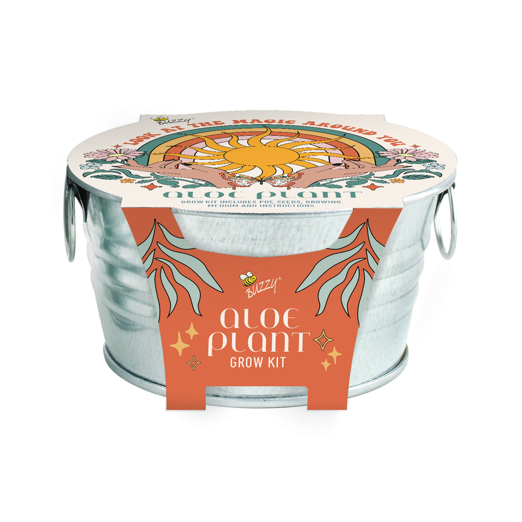 Buzzy Seeds Aloe Grow Kit in mini galvanized basin with illustrated orange sleeve, front view.
