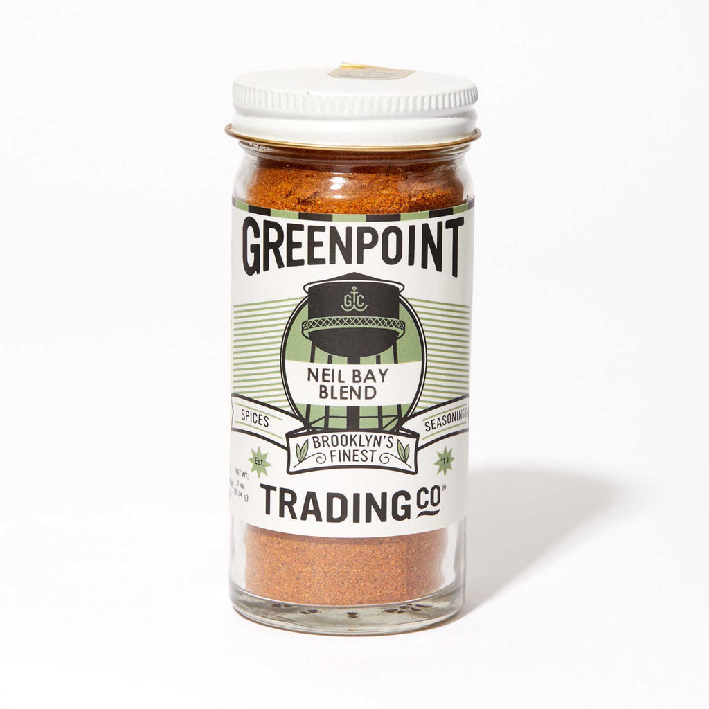 Greenpoint Trading Co Neil Bay Blend seafood seasoning blend in glass jar, front view.