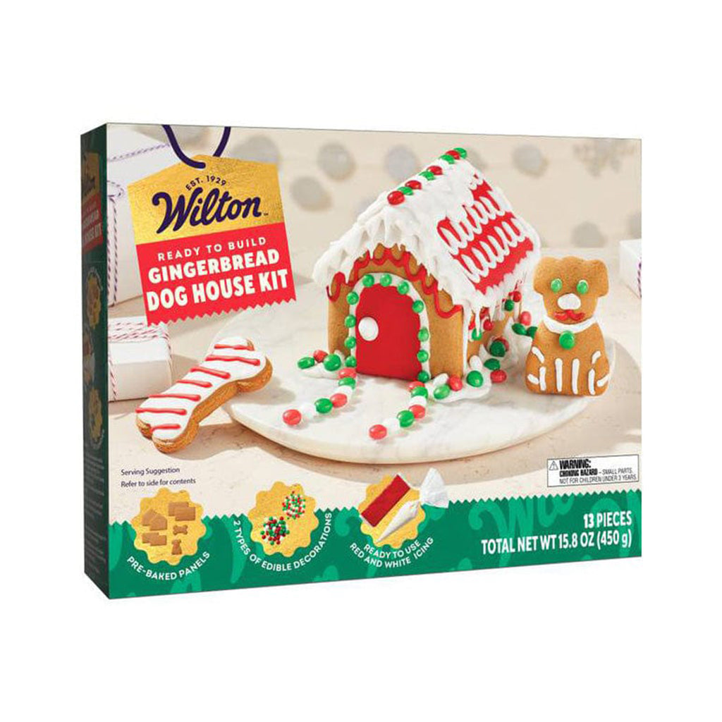 Wilton ready to build gingerbread dog house kit in box packaging, front angle.