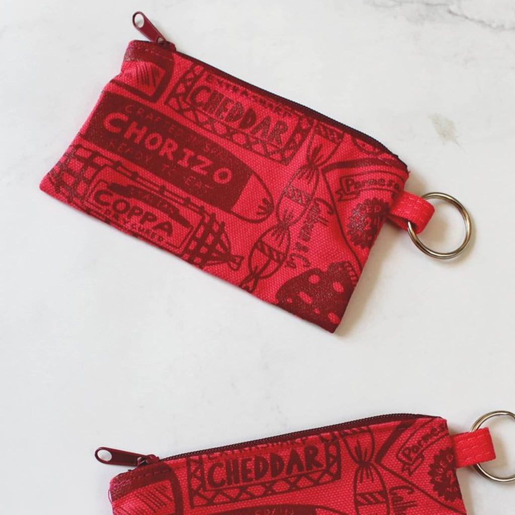 Calhoun and Co NYC Charcuterie Cash red zipper card pouch with keyring, front view.