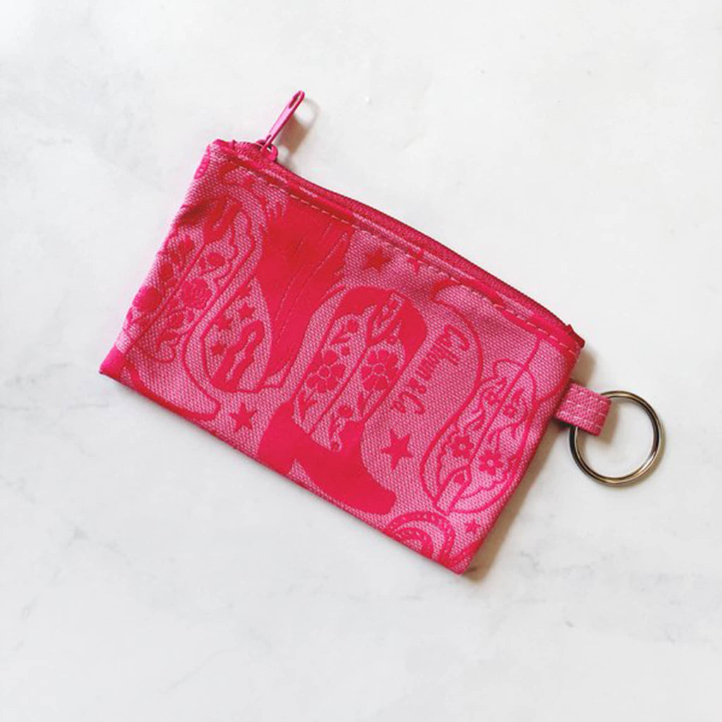 Calhoun and Co NYC Howdy Cowgirl pink zipper card pouch with keyring, front view.