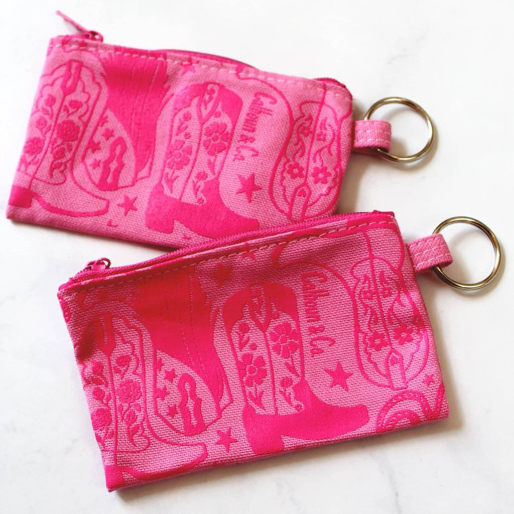 Calhoun and Co NYC Howdy Cowgirl pink zipper card pouches with keyrings, front view.