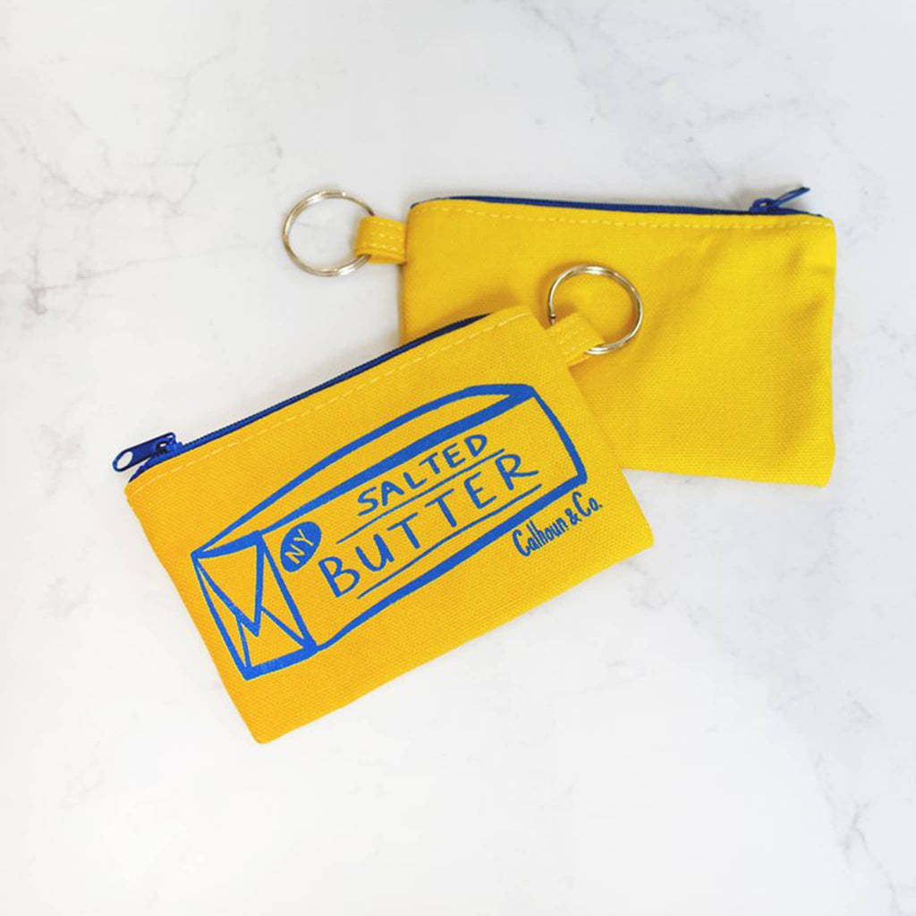 Calhoun and Co NYC Salted Butter yellow zipper card pouch with keyring, front and back view.