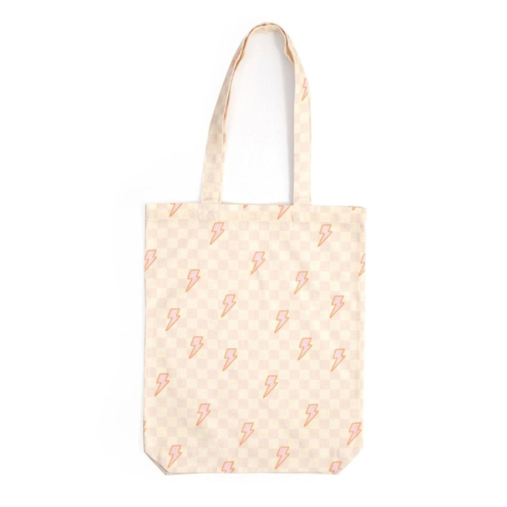 Callie Danielle canvas tote bag with pale pink and cream checkerboard pattern and pink lightning bolts.