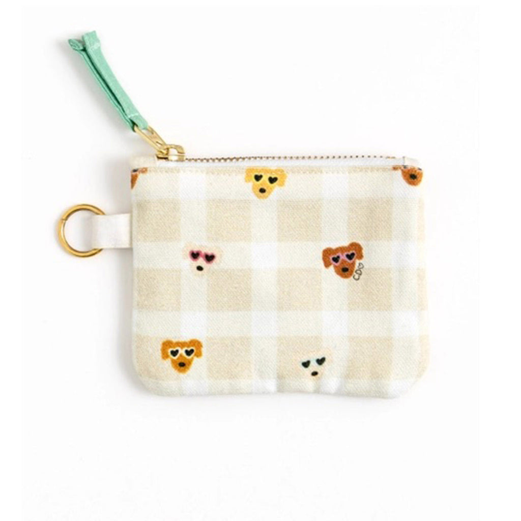 Callie Danielle Golden Love Canvas ID Wallet, fabric has a checkerboard print and dogs wearing sunglasses, back view with gold tone top zip and green zip pull.