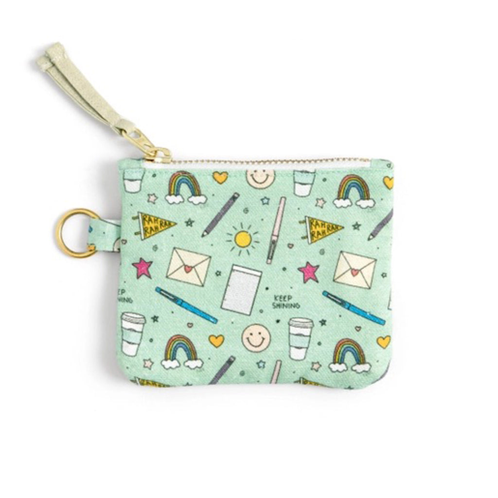 Callie Danielle School Doodles Canvas ID Wallet, mint green fabric has doodles of envelopes, coffee cups, rainbows, pencils and pennants, back view with gold tone top zip and tan zip pull.