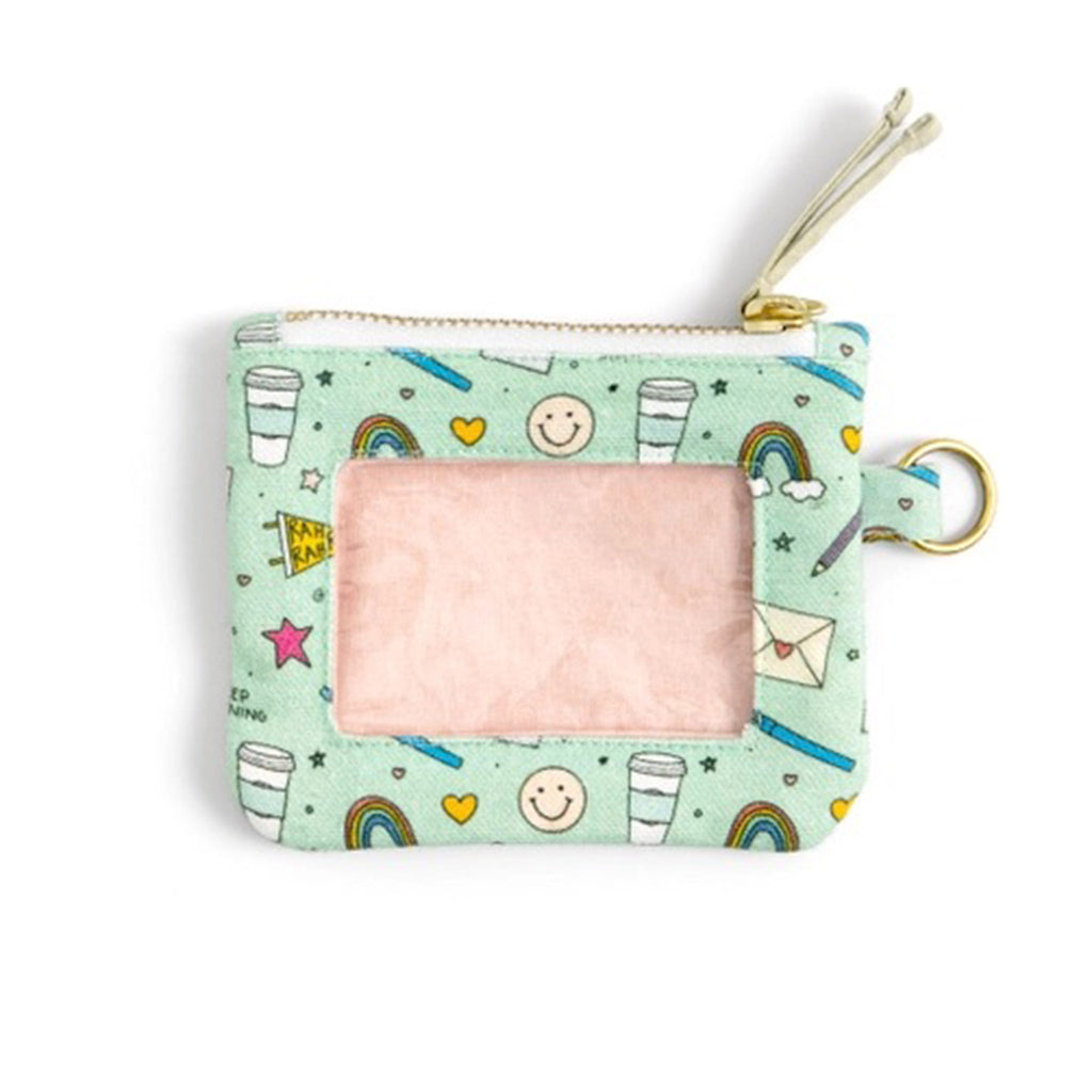 Callie Danielle School Doodles Canvas ID Wallet, mint green fabric has doodles of envelopes, coffee cups, rainbows, pencils and pennants, front view with clear window, gold tone top zip and tan zip pull.