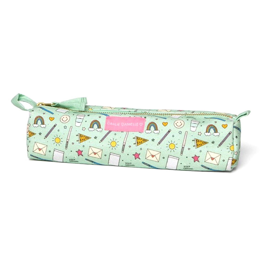 Callie Danielle School Doodles Canvas Pencil Pouch in mint green fabric with colorful school-related doodles and matching mint green fabric zip pulls and loops at each end.