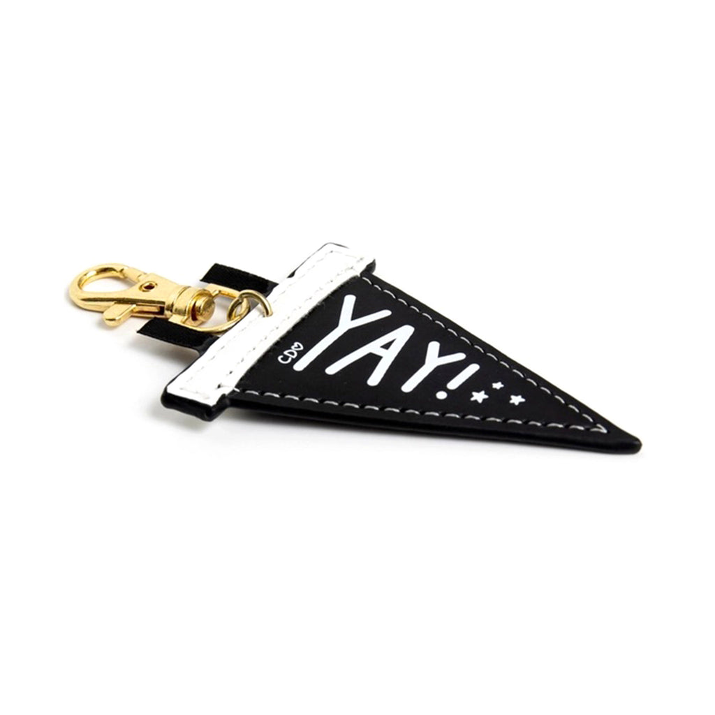 Callie Danille Vegan Leather Keychain with gold tone lobster claw clasp, black with white trim and "Yay!" front and side view to show thickness.