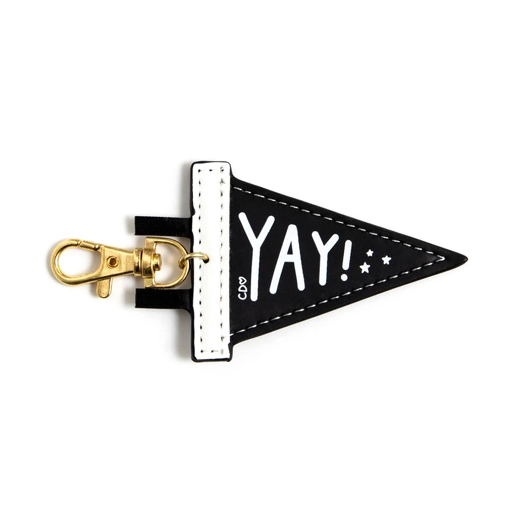 Callie Danille Vegan Leather Keychain with gold tone lobster claw clasp, black with white trim and "Yay!" overhead view.