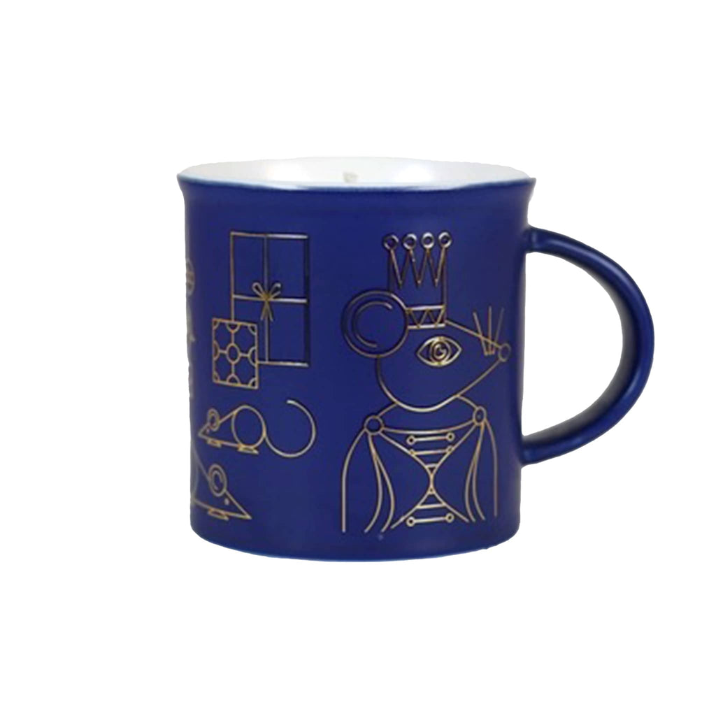 Blue mug with gold decorative mouse king design on a white background.