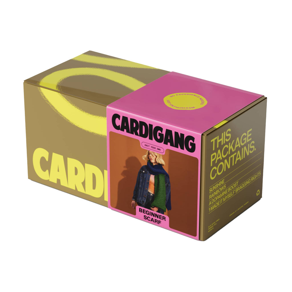 Cardigang two-tone Blue and Green Harper Beginner Acrylic Scarf Knit Kit in box packaging, front angle view.