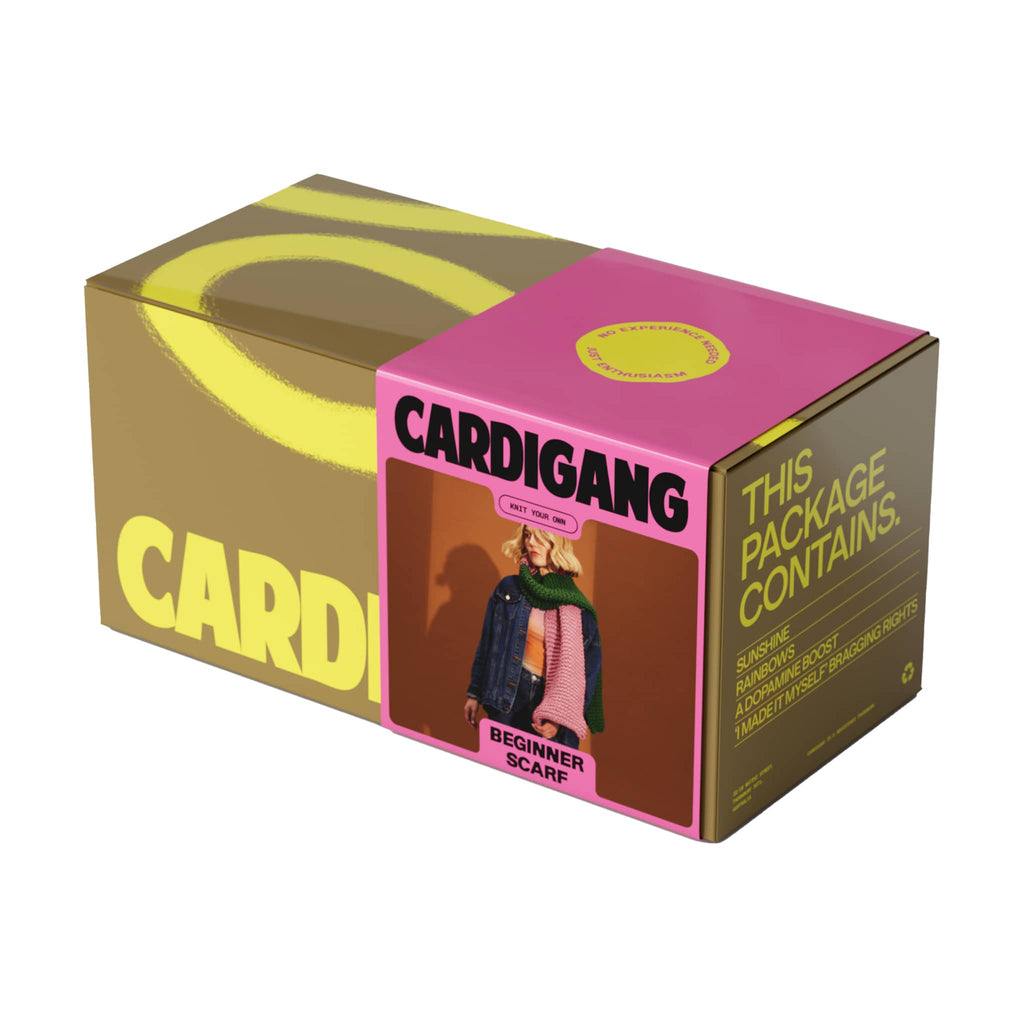 Cardigang two-tone Green and Pink Harper Beginner Acrylic Scarf Knit Kit in box packaging, front angle view.