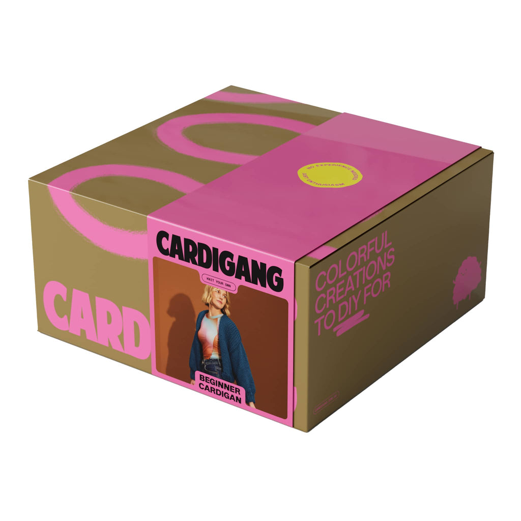 Cardigang Jane Blueberry beginner acrylic cardigan knit kit in box packaging, front angle view.