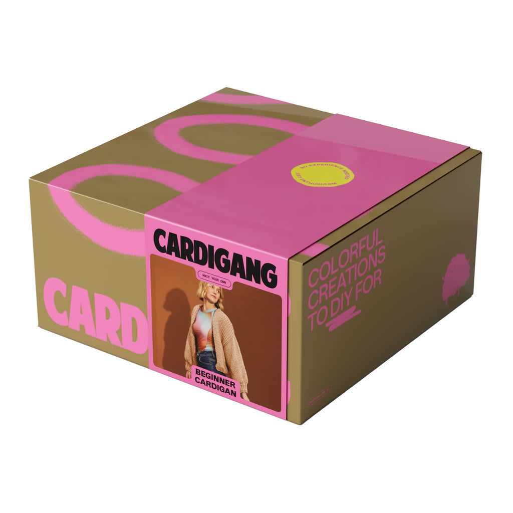 Cardigang Jane Cinnamon Scroll beginner acrylic cardigan knit kit in box packaging, front angle view.