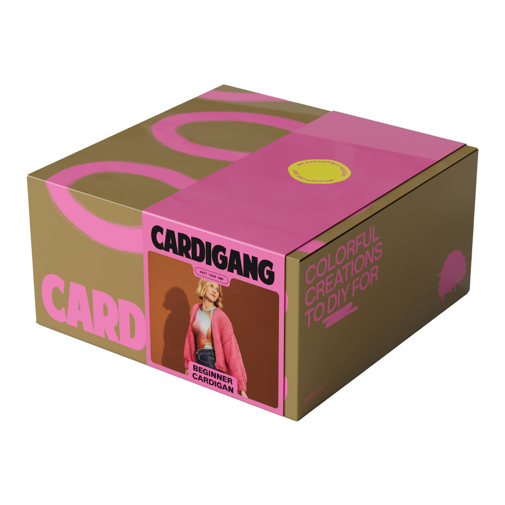 Cardigang Jane Guava beginner acrylic cardigan knit kit in box packaging, front angle view.